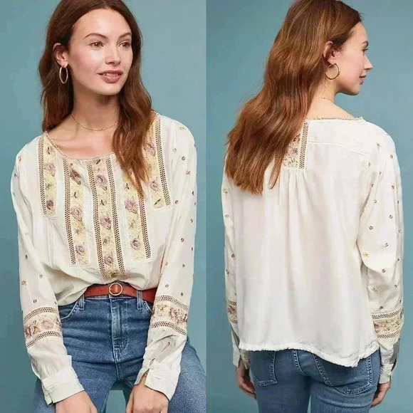 Anthropologie Burning Torch Esme Silk Peasant Top Size Medium NWOT